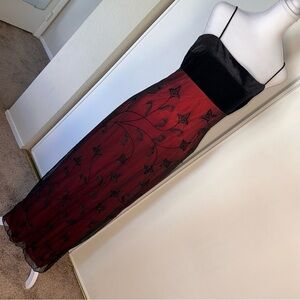 Vintage Black Velvet and red satin mesh overlay beaded dress size Large